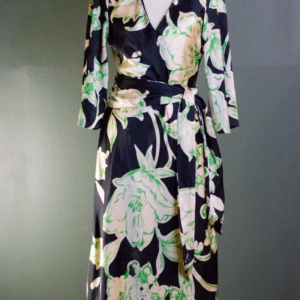 Zara Floral Wrap Dress with Green and Black Pattern